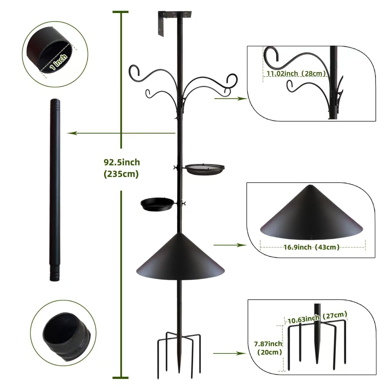 Bird Feeder Pole - 92 Inch Heavy Duty Birdhouse Stand with Squirrel Proof Baffle for Outdoor, Adjustable Bird Feeding Station with Multi Shepherds Hooks Mental Trays for Garden Attracting Wild Birds