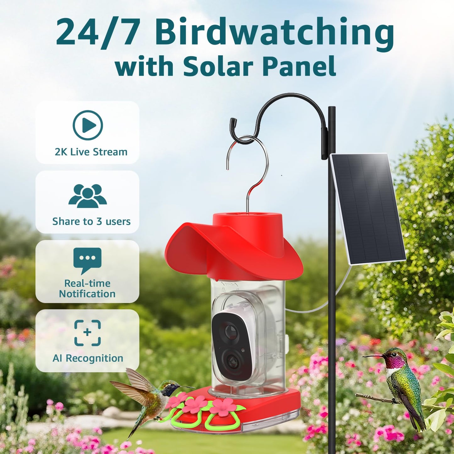 birdsnap® Hummingbird Feeder with Camera Solar Powered, 2K Live Stream AI Bird Identification with 32GB Card Ant Moat Weatherproof WiFi Smart Bird Feeder Camera for Outdoor Birds Watching Gifts
