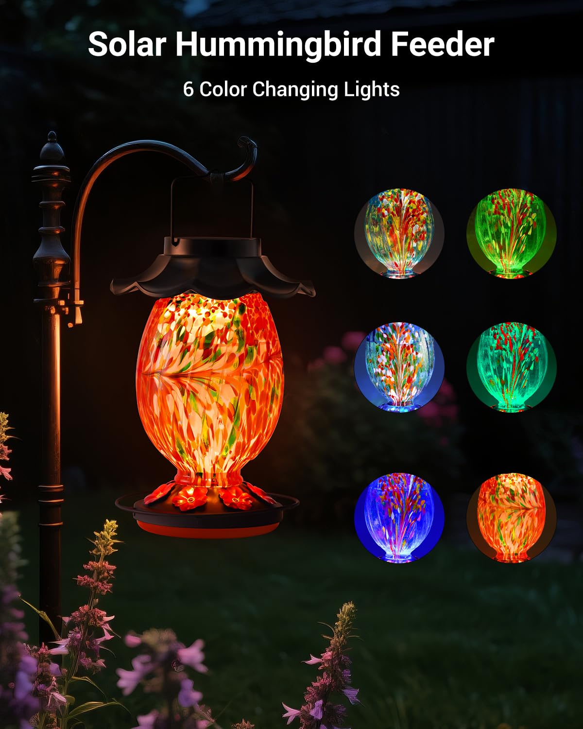 HouseSapp Solar Hummingbird Feeder - 49 fl.oz Hand Blown Glass Color Changing - 7 Feeding Ports with Perch - Never Leak - Perfect Hummingbird Feeder