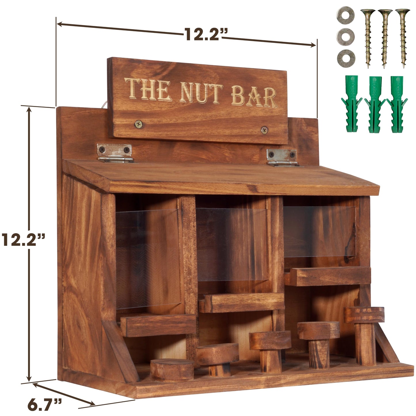 MIXUMON Squirrel Feeder Table The Nut Bar, Wooden Squirrel Picnic Table Feeder, Durable Squirrel Feeder Corn Cob with 3 Compartments, Stable Squirrels Stool Bar, 12.2 x 6.6 x 12.2 Inches