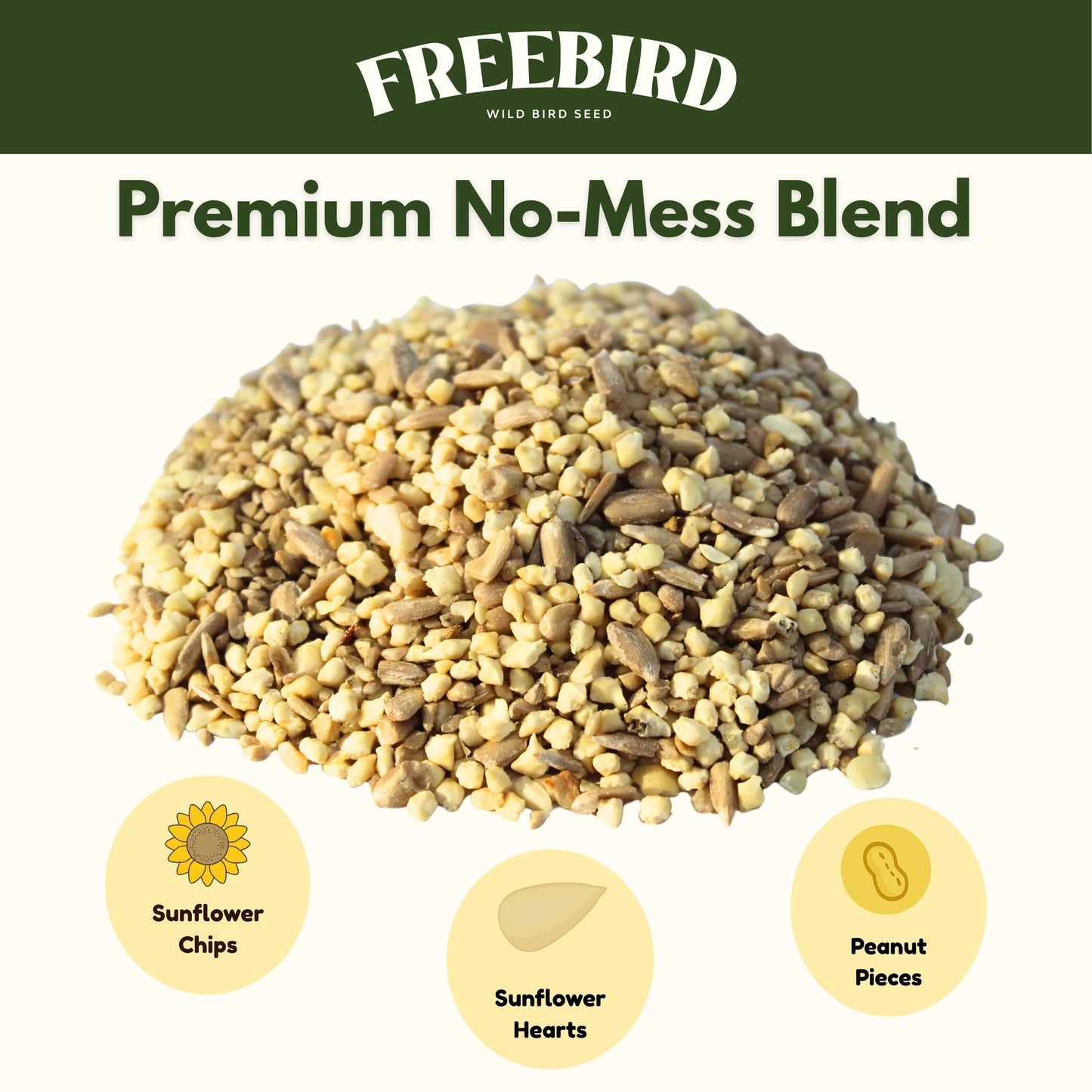 Premium No Mess Bird Seed by Freebird - Peanut Pieces, Sunflower Hearts, Sunflower Chips - 100% Waste Free Bird Food for Finches and Small Songbirds - 7lb Bag