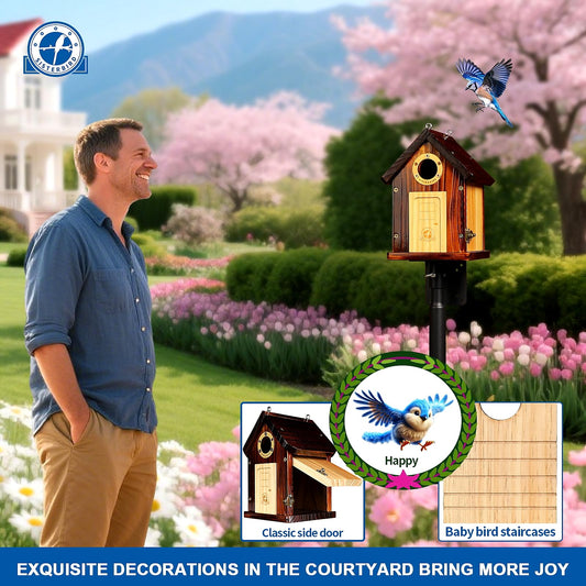 SISTERBIRD Bluebird Houses for Outside, Premium Bird Houses for Outside, Wooden Cabin Birdhouses for Outdoors, Weatherproof Courtyard Decorated Hanging Bird House, Nesting Bird House