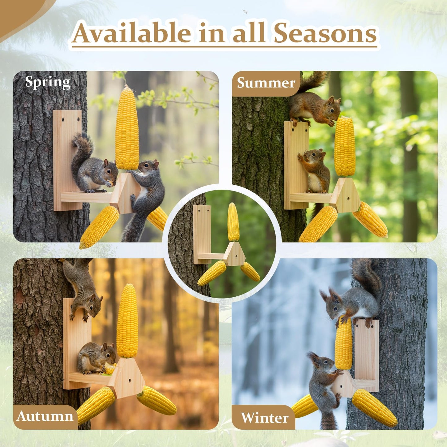 LemonRoad Squirrel Feeder for Outside, Squirrel Spinner Corn Cob Holder with 3 Ears, Wooden Chipmunk Feeder