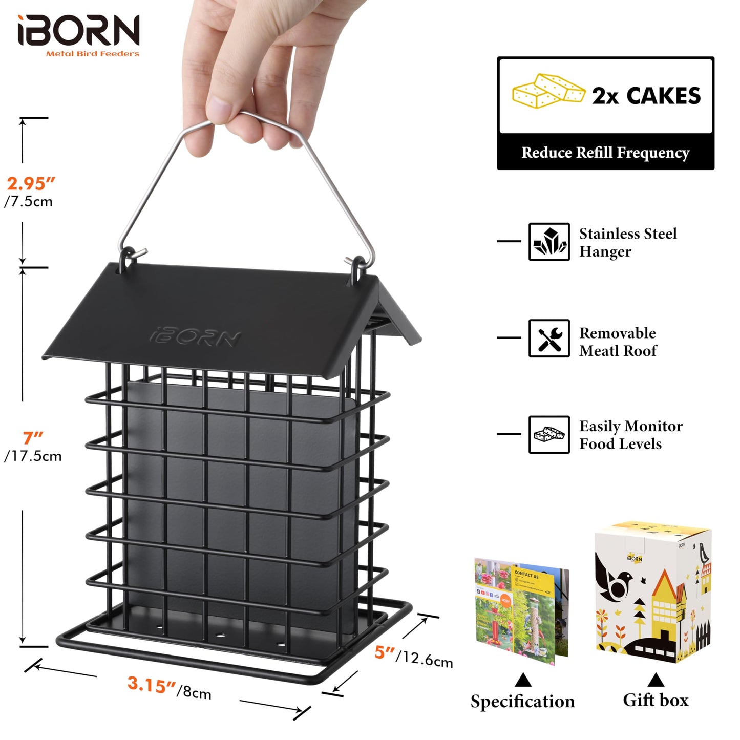 iBorn Suet Feeder for Outside Hanging,Suet Bird Feeders for Outdoors,Suet Holder With Squirrel Proof Hanger Hook,Suet Cage Bird Feeders,Woodpecker Feeder,Weatherproof Metal Roof,All Metal,1 Pack,Black