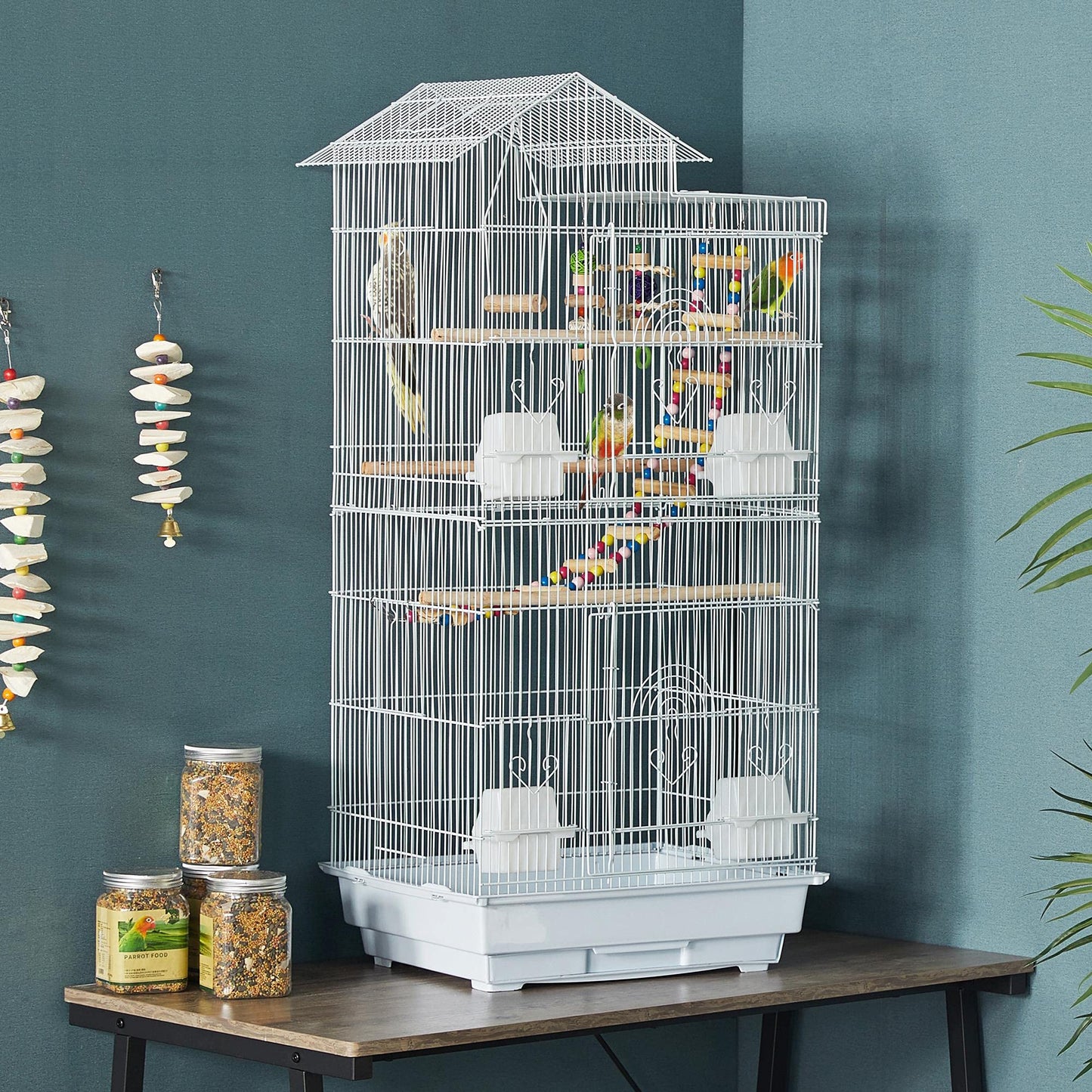 Yaheetech 39-inch Roof Top Medium Parakeet Bird Cages for Cockatiels Conures Finches Budgies Canaries Lovebirds Parakeets Green Cheek Small Birds Parrots, Travel Flight Birdcage w/Toys, White
