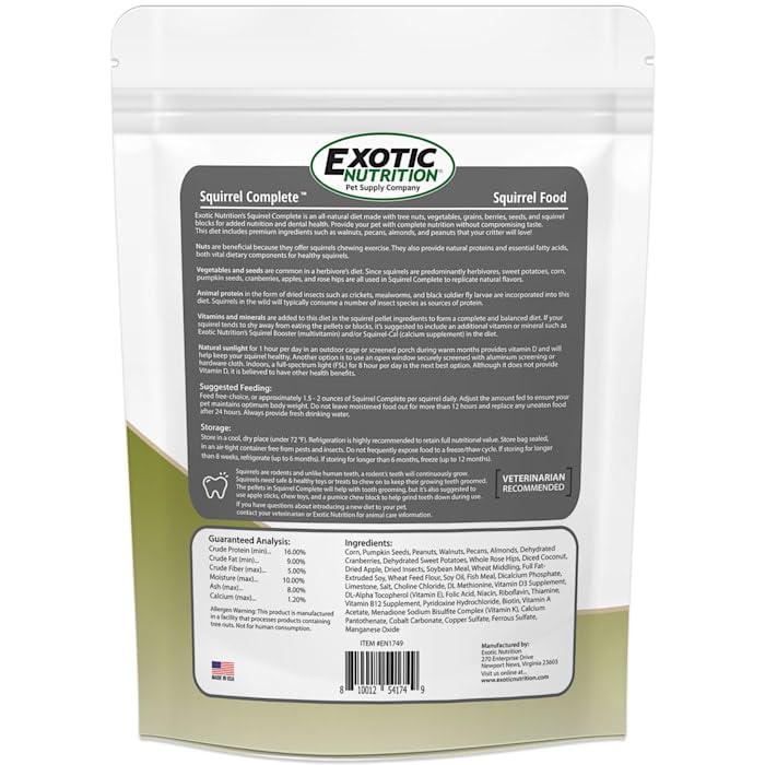 Exotic Nutrition Squirrel Complete (1.75 lb.) - Healthy Natural Food - Nutritional Diet for Pet & Captive Squirrels - Ground, Grey, Flying Squirrels, & Chipmunks
