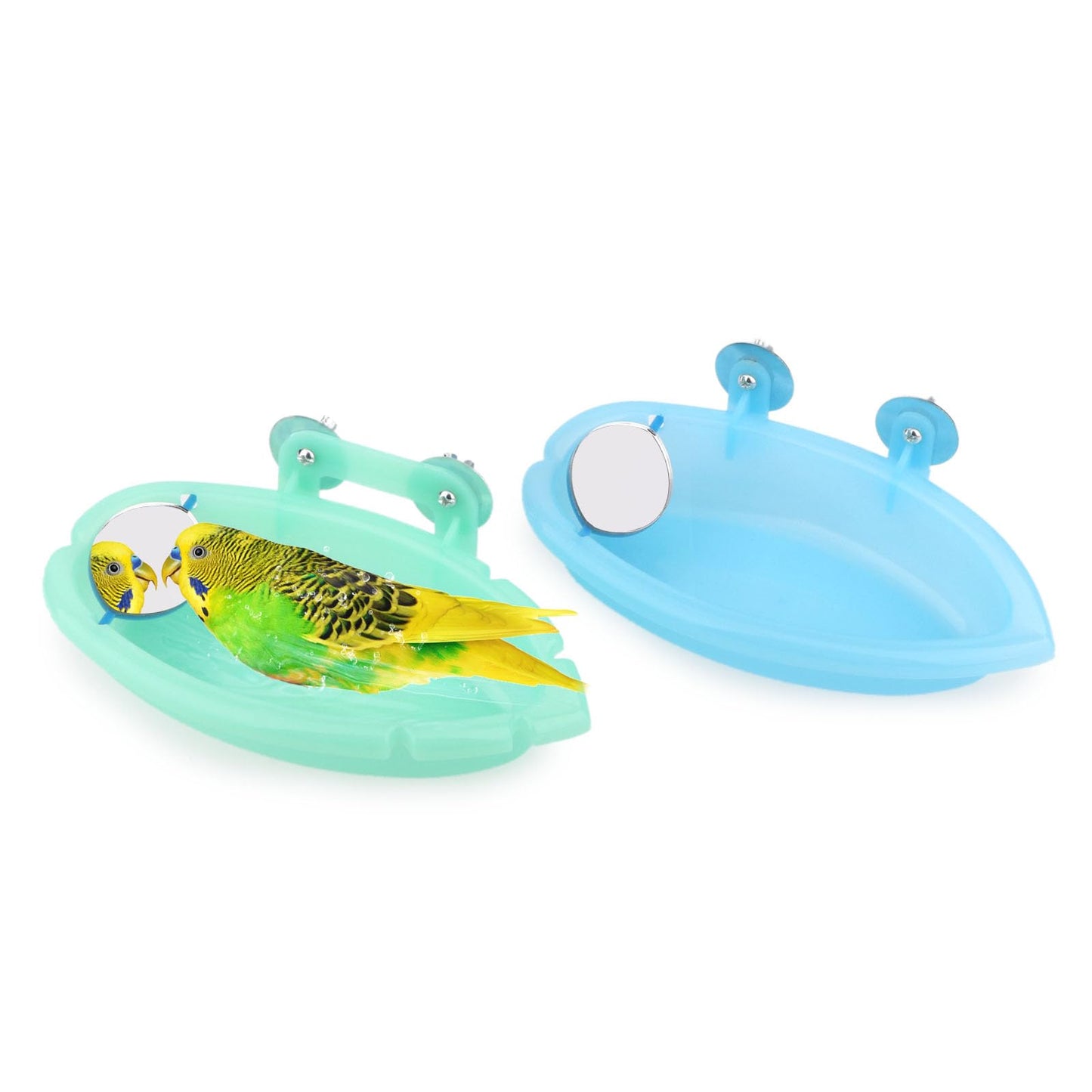 Wontee Bird Bath Box with Mirror Portable Parrot Hanging Bathroom Bathing Tub for Small Birds Cleaning Supplies (Blue(A)+Green)