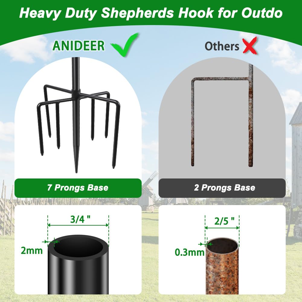 ANIDEER 84" Shepherds Hooks for Outdoor, Heavy Duty Bird Feeder Pole with 7 Prongs Base for Hanging Lantern, Hummingbird Feeder, Plant Baskets, Shepherds Hook for Bird Feeders for Outside, 1 Pack