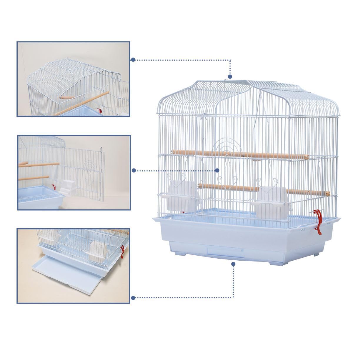 20.5 in Portable Travel Bird Cage, Parrot Cage with Handle, Standing Pole, Food Container and Wooden Perch Birdcages for Lovebirds Cockatiels Small Parrots Canaries