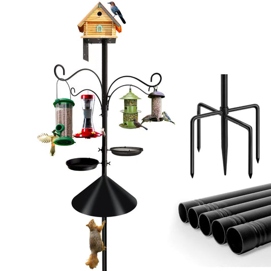 Bird Feeder Pole - 92 Inch Heavy Duty Birdhouse Stand with Squirrel Proof Baffle for Outdoor, Adjustable Bird Feeding Station with Multi Shepherds Hooks Mental Trays for Garden Attracting Wild Birds