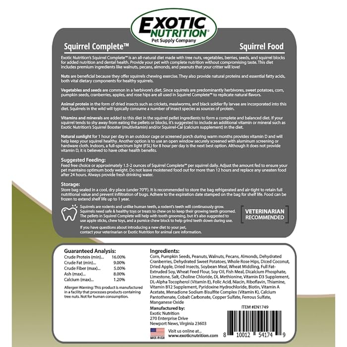 Exotic Nutrition Squirrel Complete (1.75 lb.) - Healthy Natural Food - Nutritional Diet for Pet & Captive Squirrels - Ground, Grey, Flying Squirrels, & Chipmunks