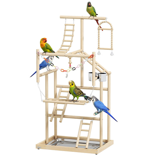 PawHut Bird Playground, 4 Layer Wooden Parrot Play Stand with Ladders, Chain Toy, Stainless Steel Cups and Tray, Bird Cage Accessories for Parakeets, Cockatiels, Finches, Lovebirds, Budgie