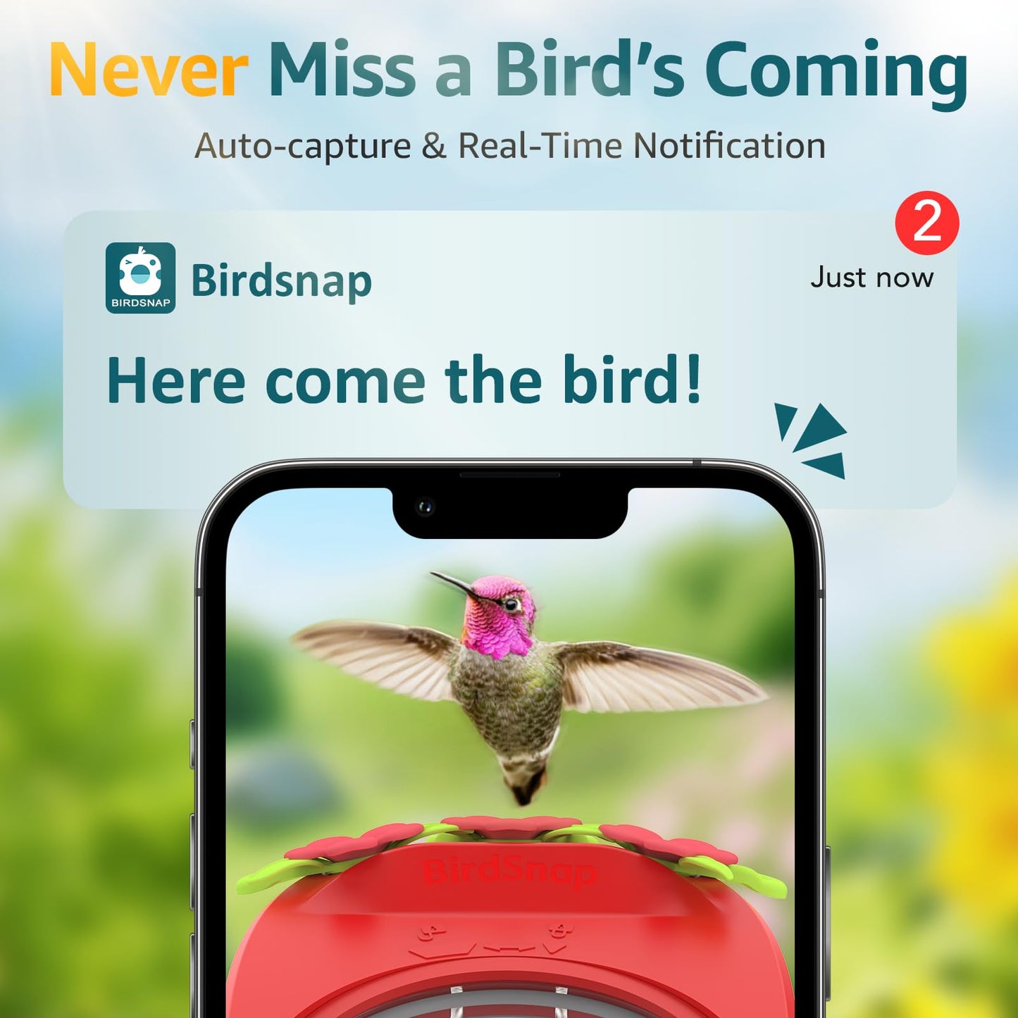 birdsnap® Hummingbird Feeder with Camera Solar Powered, 2K Live Stream AI Bird Identification with 32GB Card Ant Moat Weatherproof WiFi Smart Bird Feeder Camera for Outdoor Birds Watching Gifts