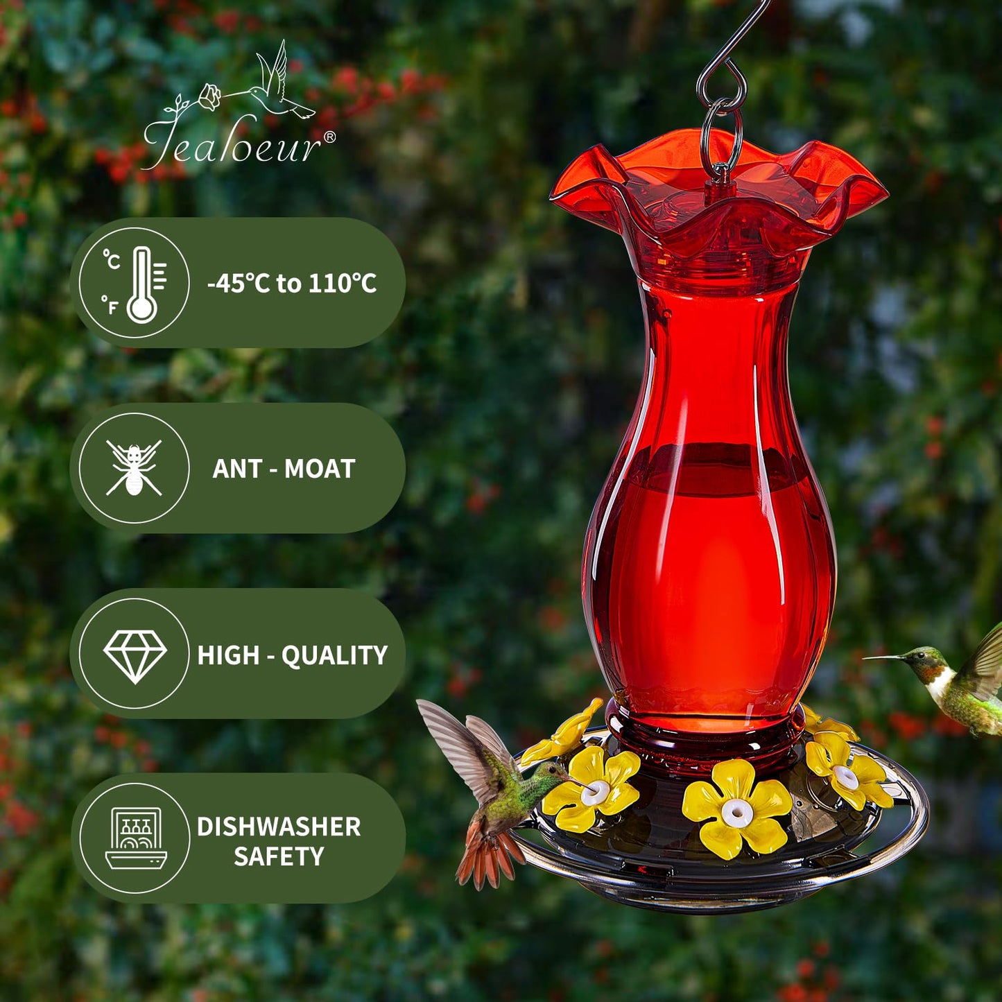 Jealoeur Hummingbird Feeder for Outdoors Hanging, 18 OZ Humming Birds Feeders with 6 Bee Guard Feeding Ports & Built-in Ant Moat, Easy to Clean, Durable Outdoor Garden Decor (Red 1 Pack-C)