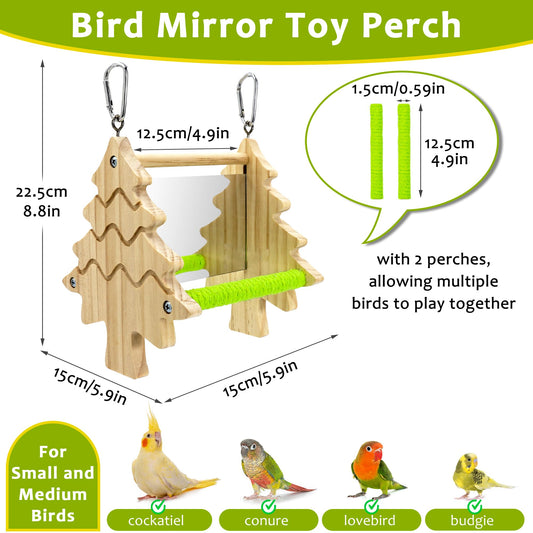 Bird Mirror Toy Perch, 2-Sided Hd Parakeet Mirrors & 2 Cotton-Wrapped Perches for Multiple Birds, Wooden Frame Hanging Parrot Swing for Cage, Safe No Sharp Edges Bird Toy for Budgie Lovebird Cockatiel