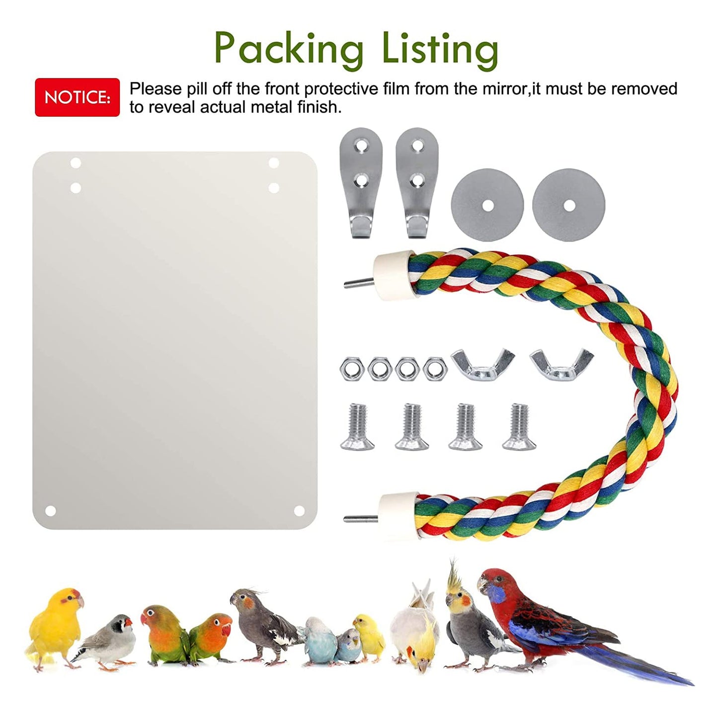 BWOGUE 7 Inch Bird Mirror with Rope Perch Cockatiel Mirror for Cage Bird Toys Swing Parrot Cage Toys for Parakeet Cockatoo Cockatiel Conure Lovebirds Finch Canaries