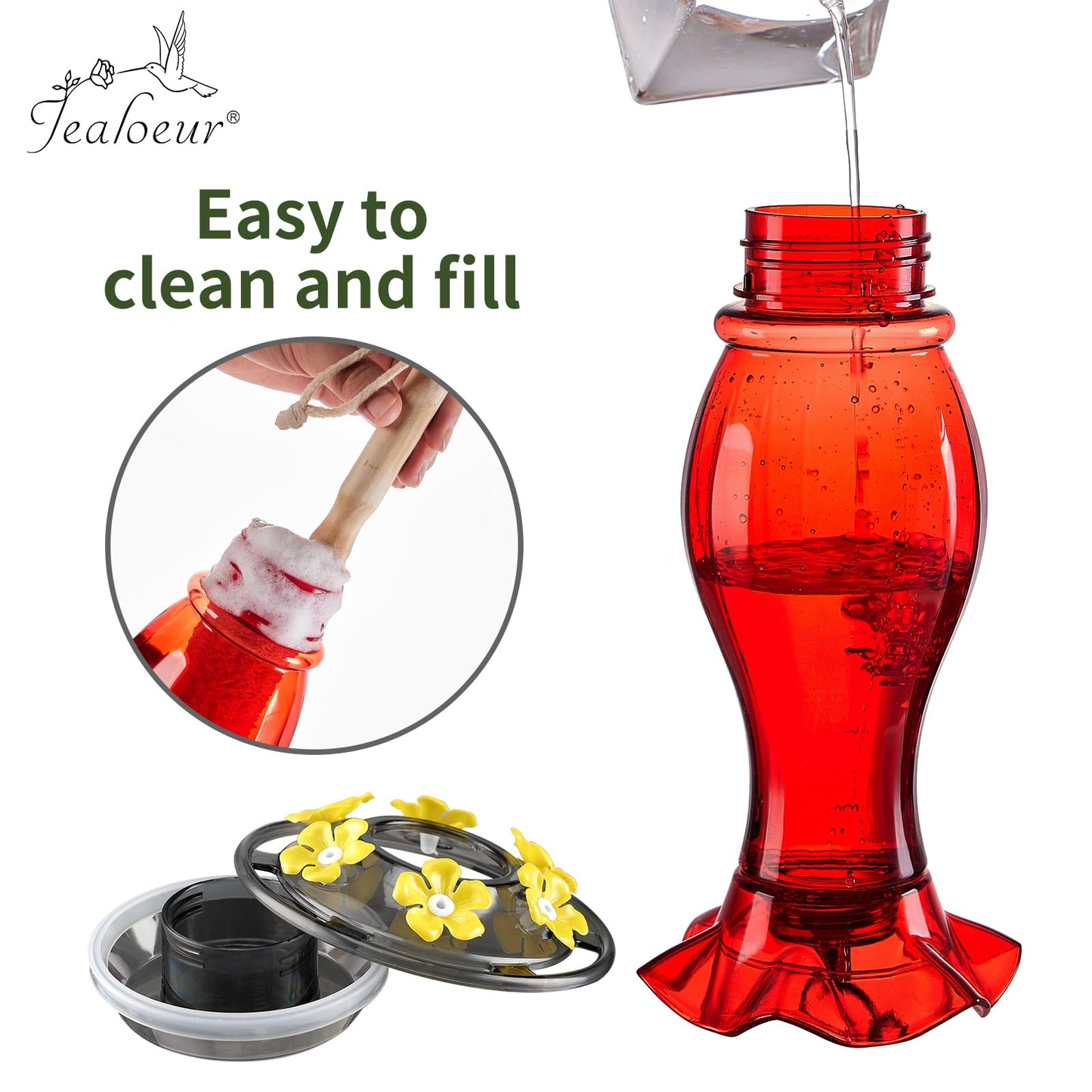 Jealoeur Hummingbird Feeder for Outdoors Hanging, 18 OZ Humming Birds Feeders with 6 Bee Guard Feeding Ports & Built-in Ant Moat, Easy to Clean, Durable Outdoor Garden Decor (Red 1 Pack-C)