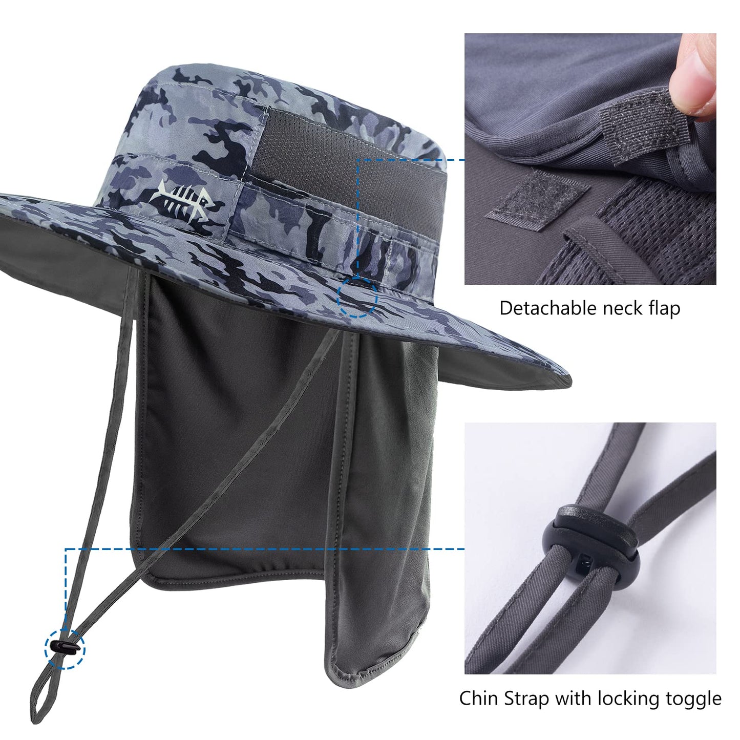 BASSDASH UPF 50+ Sun Fishing Hat Water Resistant with Detachable Neck Flap