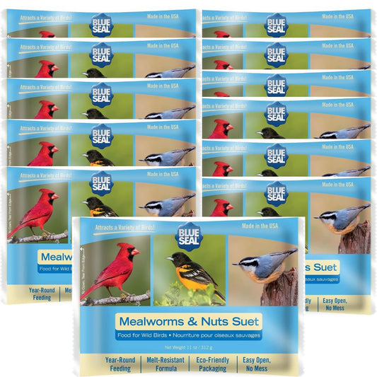 Blue Seal Mealworms & Nuts Suet Cakes for Wild Birds - No Mess Suet Feed, Food for Woodpeckers, Cardinals, Siskins, Sparrows & More - 11oz Suet Feeder, Bird Seed Cakes (Pack of 12)