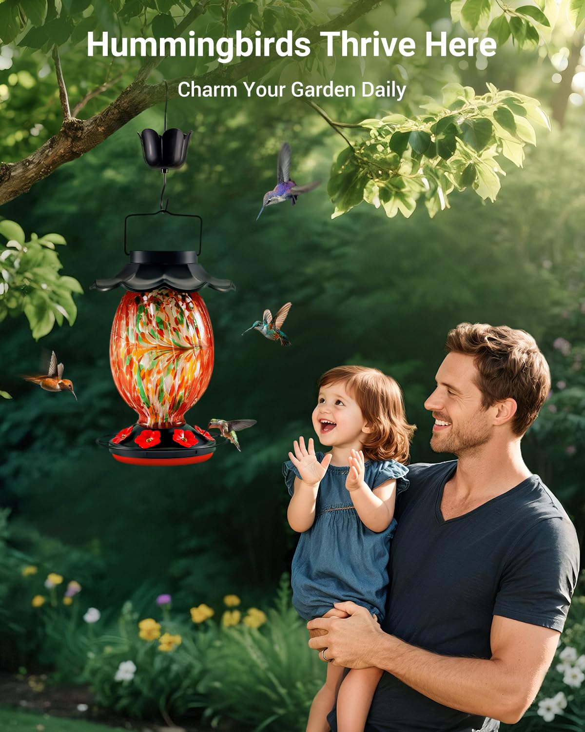 HouseSapp Solar Hummingbird Feeder - 49 fl.oz Hand Blown Glass Color Changing - 7 Feeding Ports with Perch - Never Leak - Perfect Hummingbird Feeder