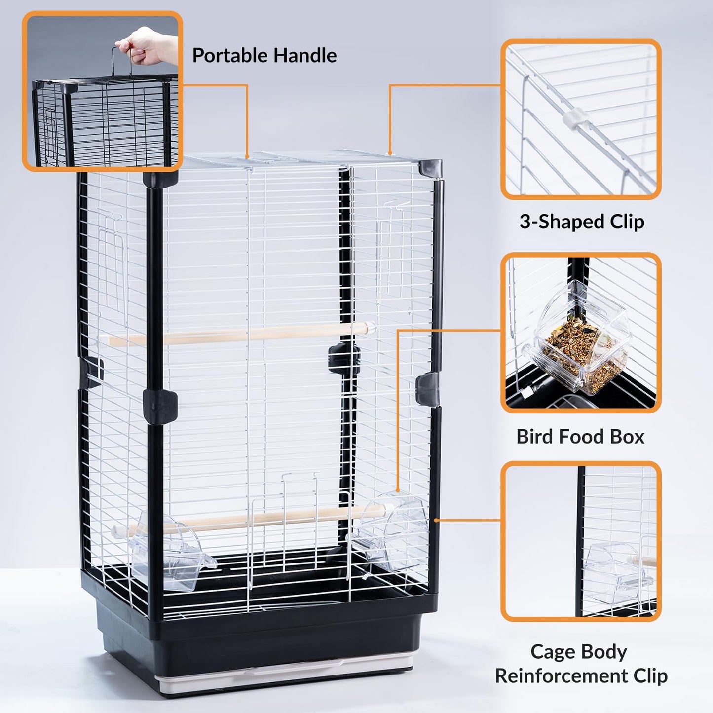 25 inch Bird Cage, Portable Travel Parrot Cage, Double-Layer Parakeet Cage, for Temporary Pet Accommodation, Trip to Vet, Short Trip, Camping, Black & White