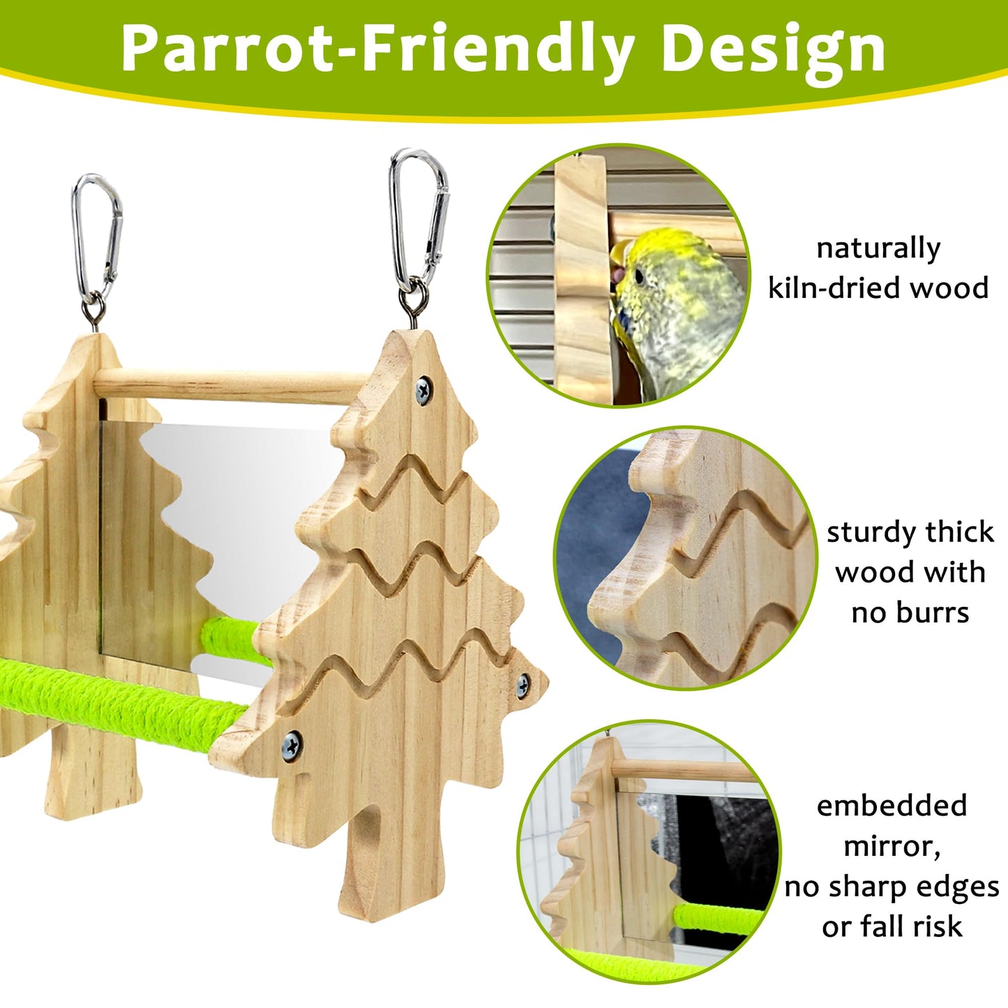 Bird Mirror Toy Perch, 2-Sided Hd Parakeet Mirrors & 2 Cotton-Wrapped Perches for Multiple Birds, Wooden Frame Hanging Parrot Swing for Cage, Safe No Sharp Edges Bird Toy for Budgie Lovebird Cockatiel