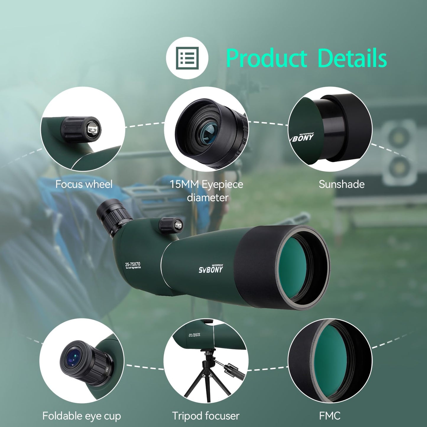 SVBONY SV28 Spotting Scopes with Tripod, Angled 25-75x70mm Spotter Scope with Phone Adapter, Waterproof Fogproof Spotting Scope for Bird Watching, Target Shooting, Wildlife Viewing