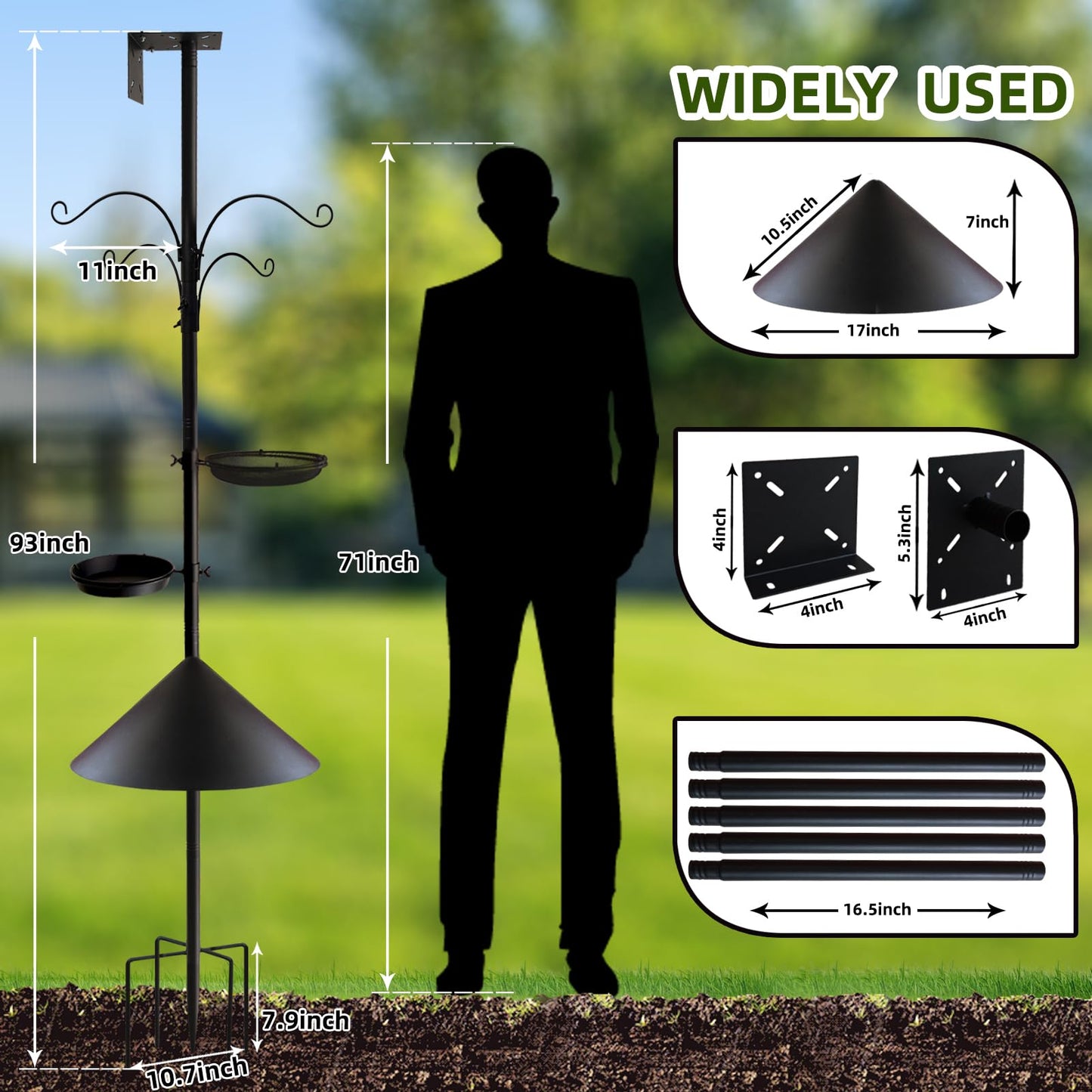 Bird Feeder Pole - 92 Inch Heavy Duty Birdhouse Stand with Squirrel Proof Baffle for Outdoor, Adjustable Bird Feeding Station with Multi Shepherds Hooks Mental Trays for Garden Attracting Wild Birds