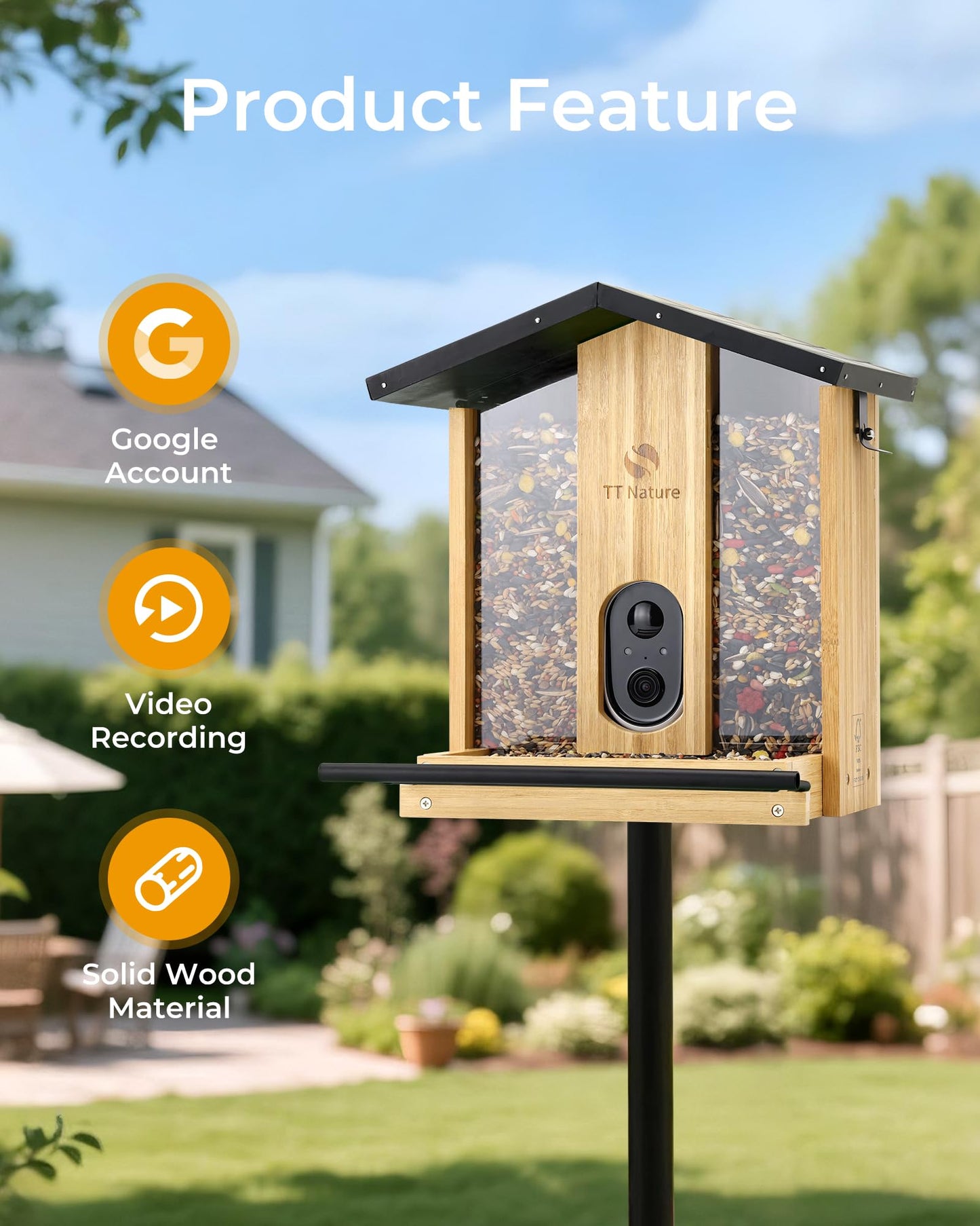 TT Nature Bird Feeder with Camera – 3L Smart Bird Feeder with AI Recognition, Live Streaming, Cloud Storage, Real-Time Alerts, Birdwatching Gift for Nature Lovers (Bamboo)