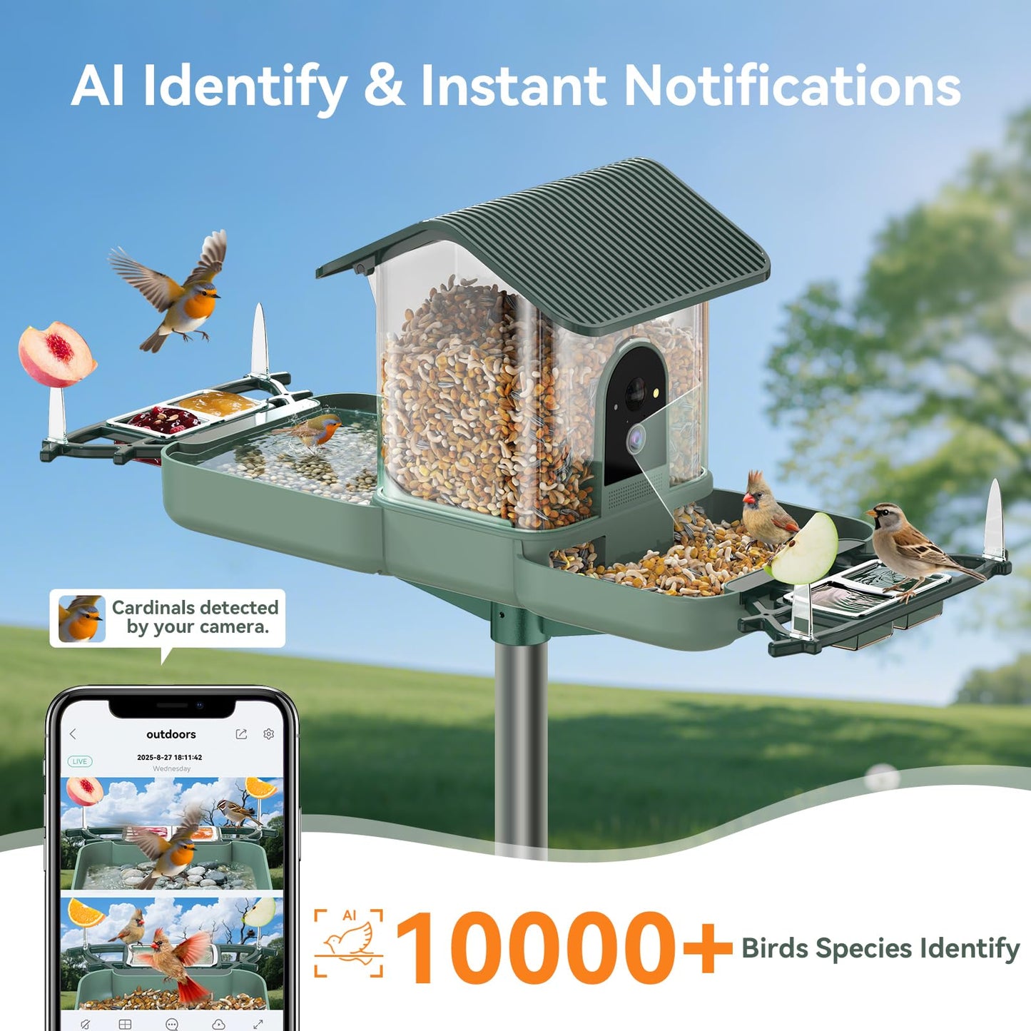 KUIKEO Dual-Lens Bird Feeder with Camera & Bird Bath Combo, Watch Birds Eat & Bathe with WiFi 2K HD Video, Auto Record, AI Recognition, APP Alerts, Solar Powered, for Backyard Garden Porch Fence Decor