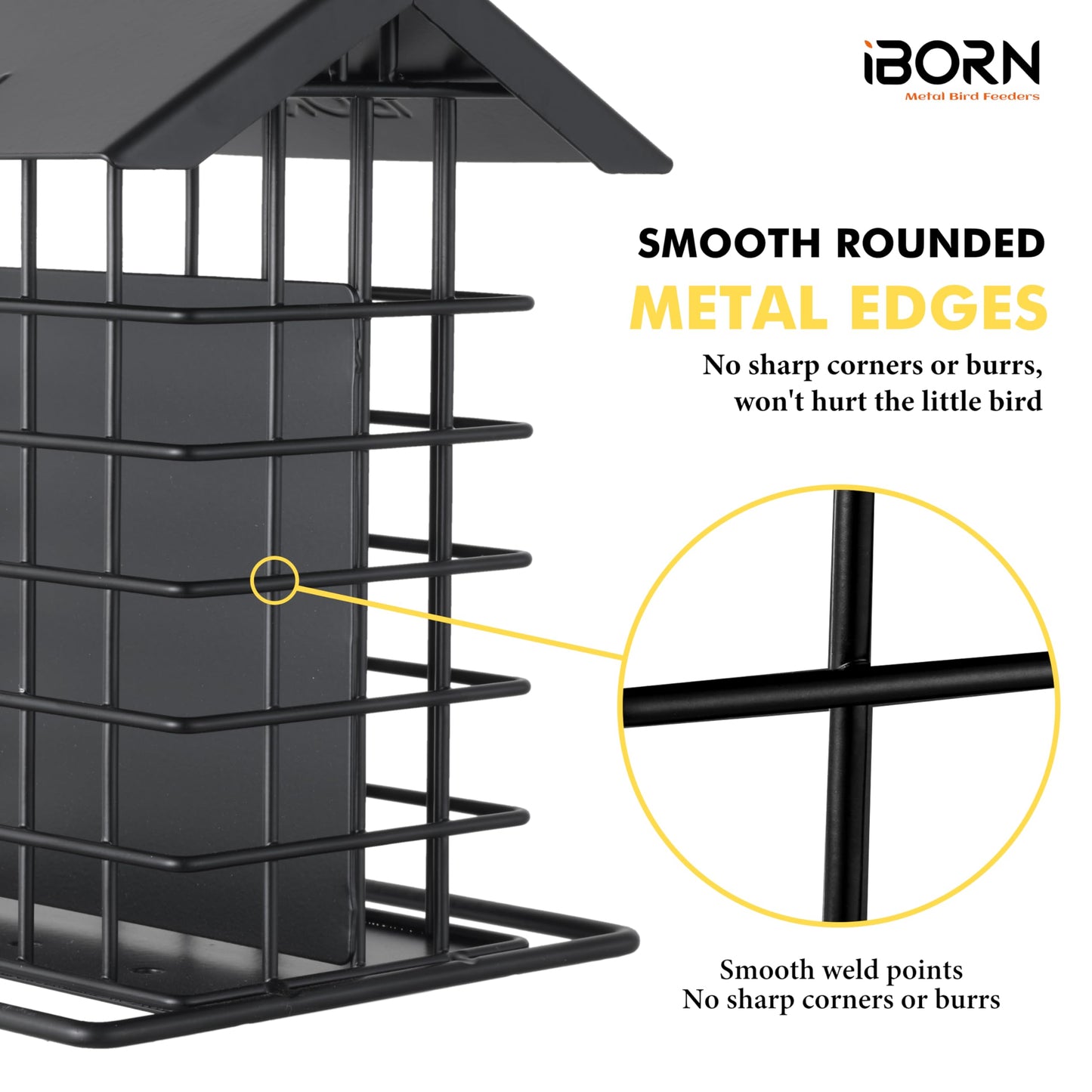 iBorn Suet Feeder for Outside Hanging,Suet Bird Feeders for Outdoors,Suet Holder With Squirrel Proof Hanger Hook,Suet Cage Bird Feeders,Woodpecker Feeder,Weatherproof Metal Roof,All Metal,1 Pack,Black