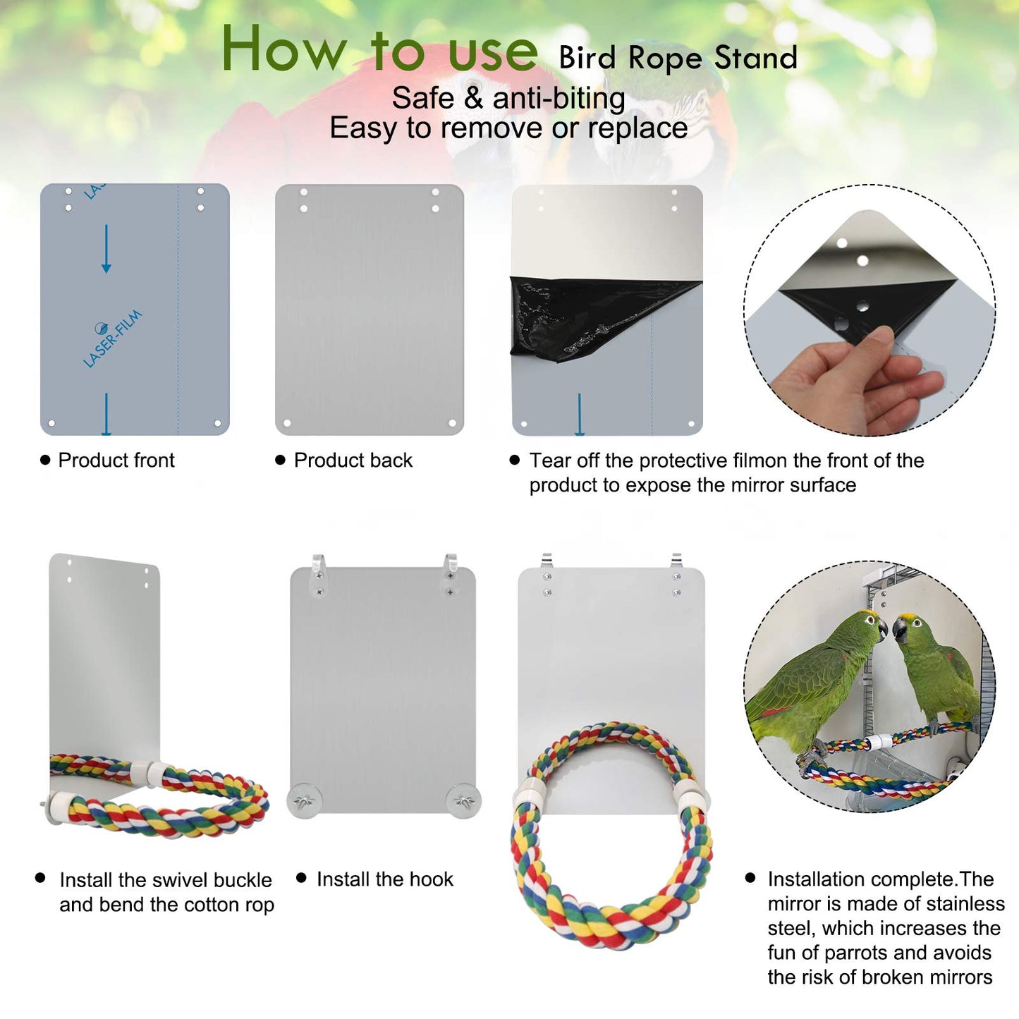 BWOGUE 7 Inch Bird Mirror with Rope Perch Cockatiel Mirror for Cage Bird Toys Swing Parrot Cage Toys for Parakeet Cockatoo Cockatiel Conure Lovebirds Finch Canaries