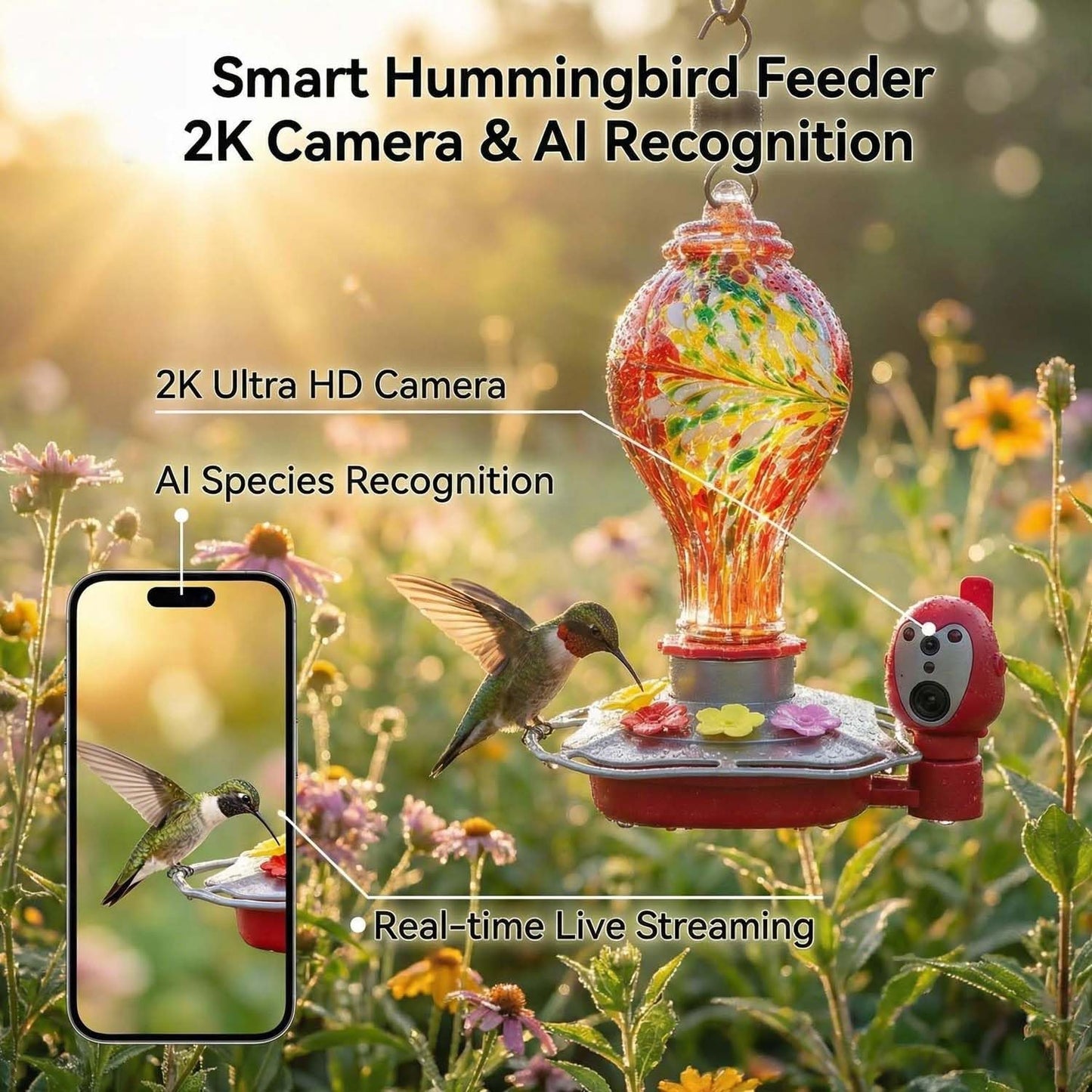 Hummingbird Feeder with Camera, Smart Glass Humming Bird Feeder Camera Solar Powered, AI Identify and Instant Notifications, 2K Live View, Leak-Proof Ant & Bee Proof, Ideal Gift for Bird Lovers