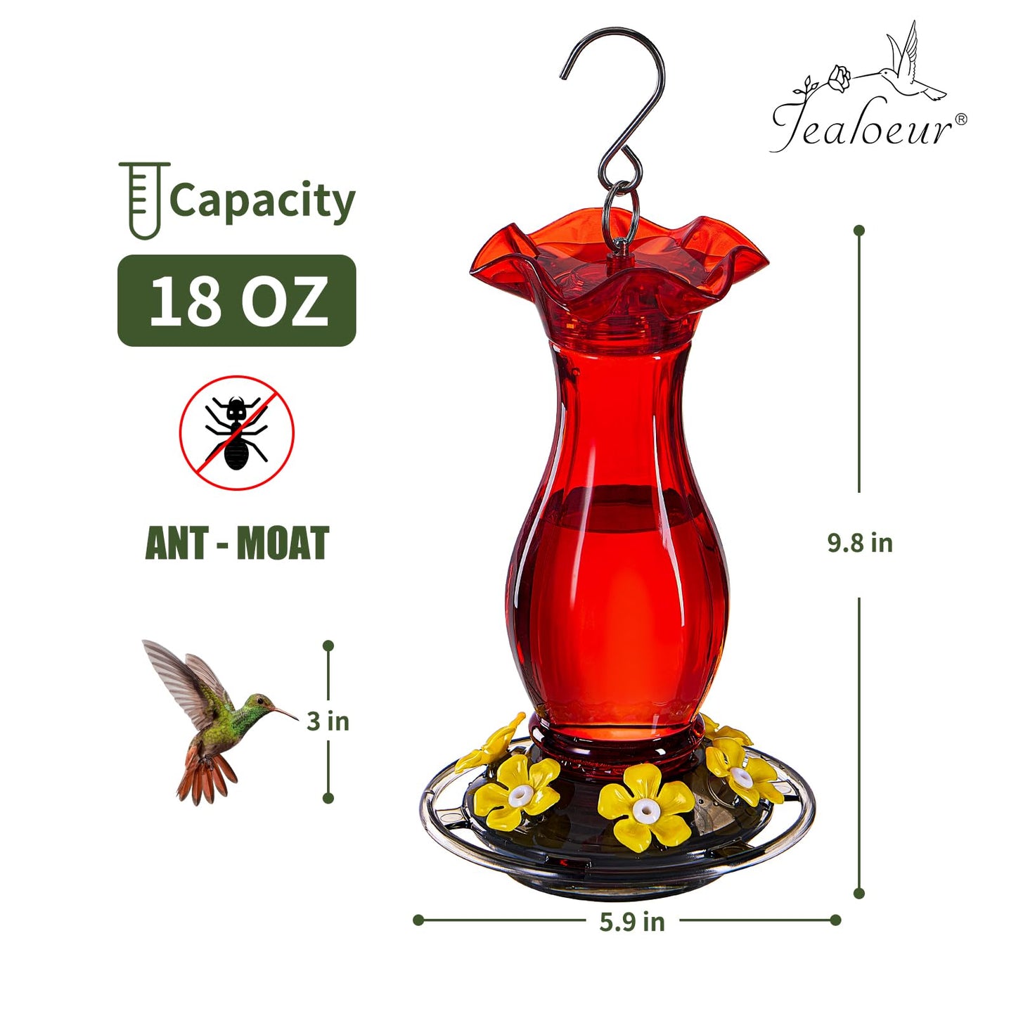 Jealoeur Hummingbird Feeder for Outdoors Hanging, 18 OZ Humming Birds Feeders with 6 Bee Guard Feeding Ports & Built-in Ant Moat, Easy to Clean, Durable Outdoor Garden Decor (Red 1 Pack-C)