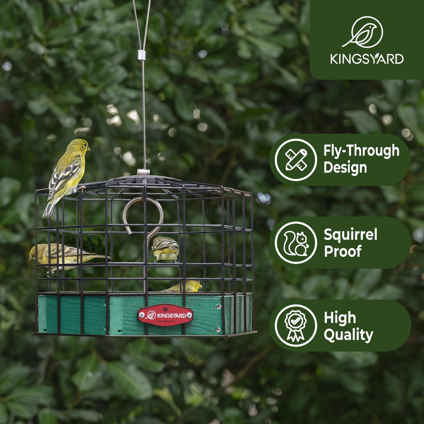 Kingsyard Squirrel Proof Platform Bird Feeders for Outdoor Hanging, 10" Wide Metal Caged Bird Feeder for Small Wildbirds Finches, Recycled Plastic Feeding Platform with Metal Seed Tray, Green