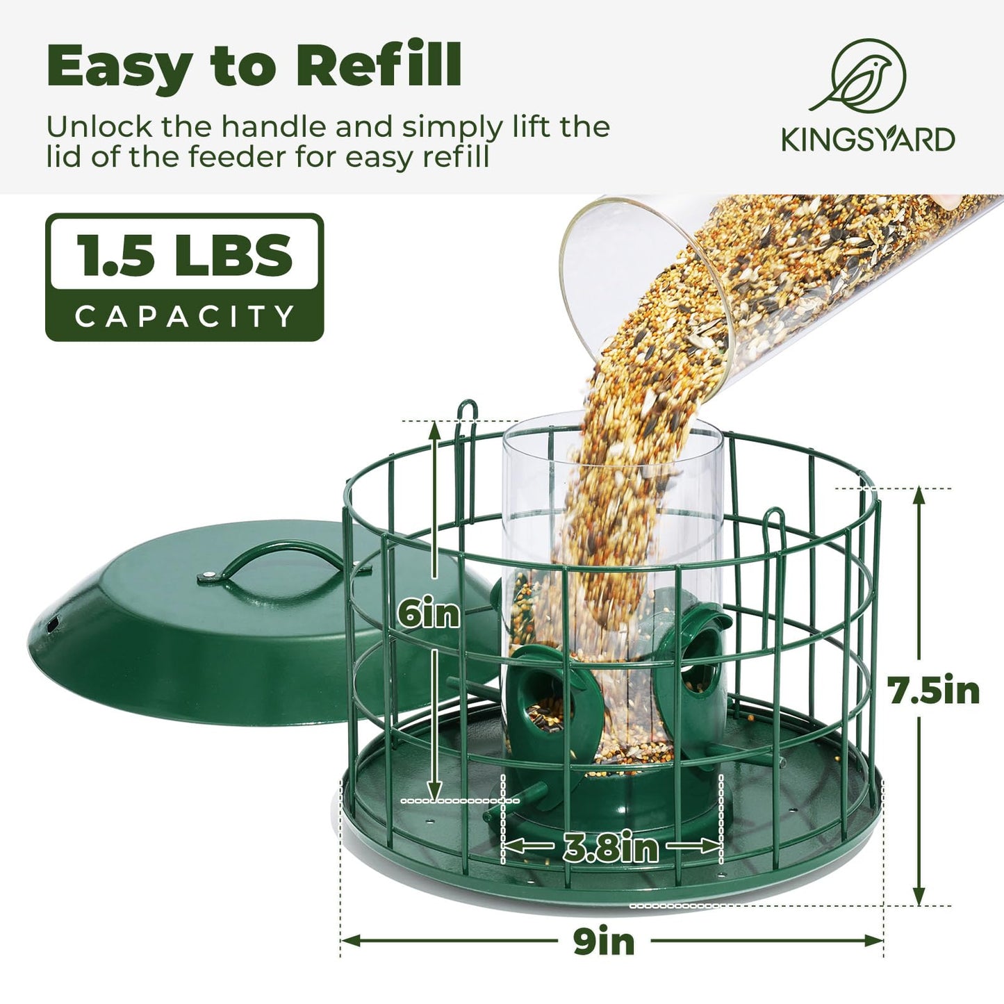 Kingsyard Tube Squirrel Proof Bird Feeders for Outdoor Hanging, Metal Caged Bird Feeder with Rain Proof Covered for Wildbirds Finches Bluebird, 4 Feeding Ports, Green