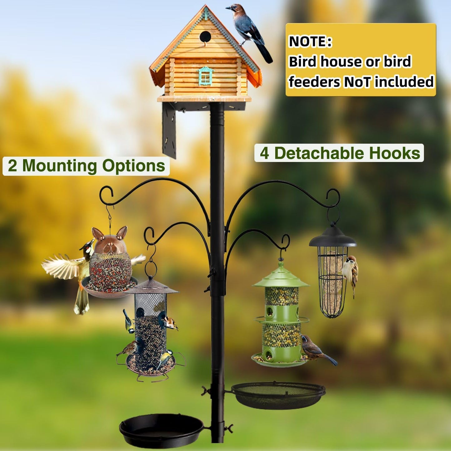 Bird Feeder Pole - 92 Inch Heavy Duty Birdhouse Stand with Squirrel Proof Baffle for Outdoor, Adjustable Bird Feeding Station with Multi Shepherds Hooks Mental Trays for Garden Attracting Wild Birds
