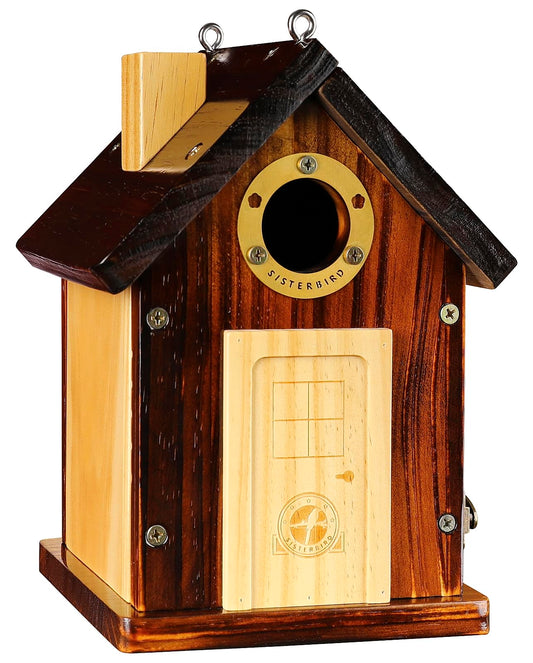 SISTERBIRD Bluebird Houses for Outside, Premium Bird Houses for Outside, Wooden Cabin Birdhouses for Outdoors, Weatherproof Courtyard Decorated Hanging Bird House, Nesting Bird House