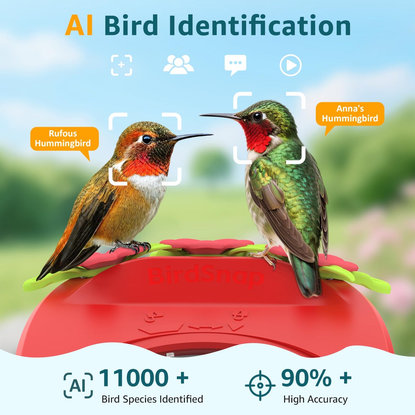 birdsnap® Hummingbird Feeder with Camera Solar Powered, 2K Live Stream AI Bird Identification with 32GB Card Ant Moat Weatherproof WiFi Smart Bird Feeder Camera for Outdoor Birds Watching Gifts