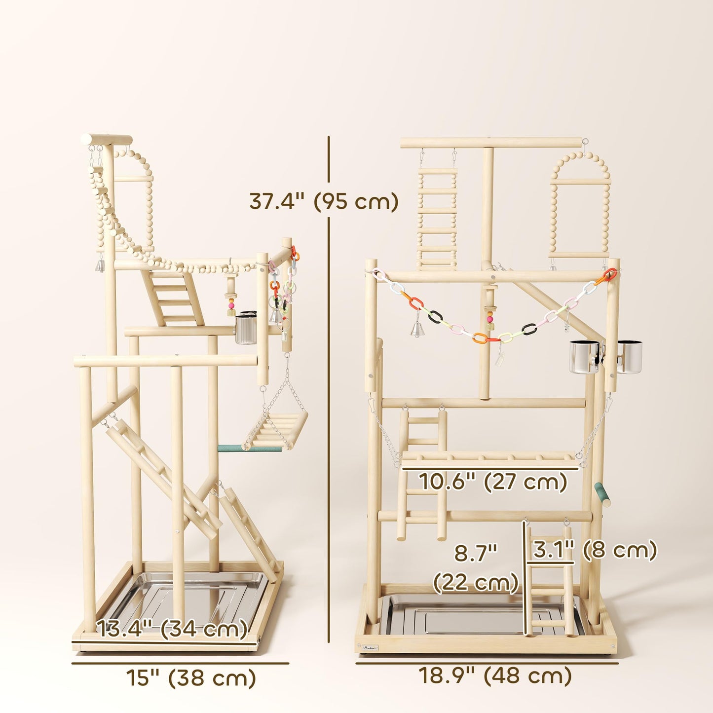 PawHut Bird Playground, 4 Layer Wooden Parrot Play Stand with Ladders, Chain Toy, Stainless Steel Cups and Tray, Bird Cage Accessories for Parakeets, Cockatiels, Finches, Lovebirds, Budgie