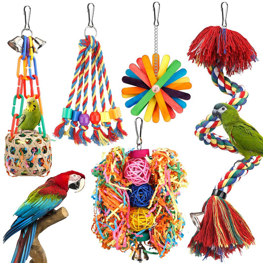 Bird Toys Rope Perch with Bell Colorful Bird Chewing Shredding Foraging Toys Parrot Swing Climbing Standing Hanging Toys Cage Accessories for Conure Cockatiel Budgies Lovebird