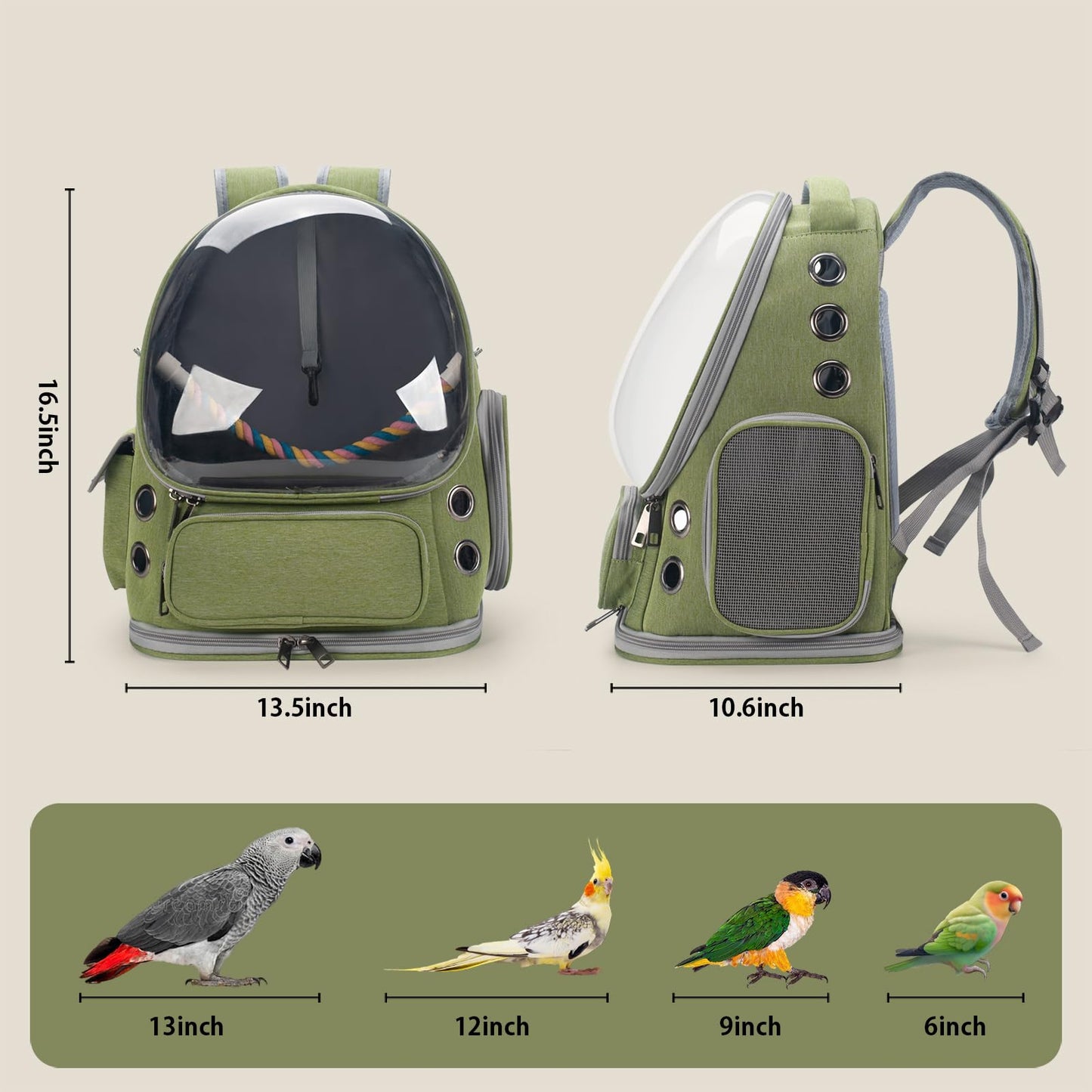 Kreachur Bird Backpack Carrier Travel Cage with Perch, Tray and Breathable Clear Window, Bird Travel Cage for Cockatiel Caique Conure Quaker, for Vetting Camping Hiking (Green)