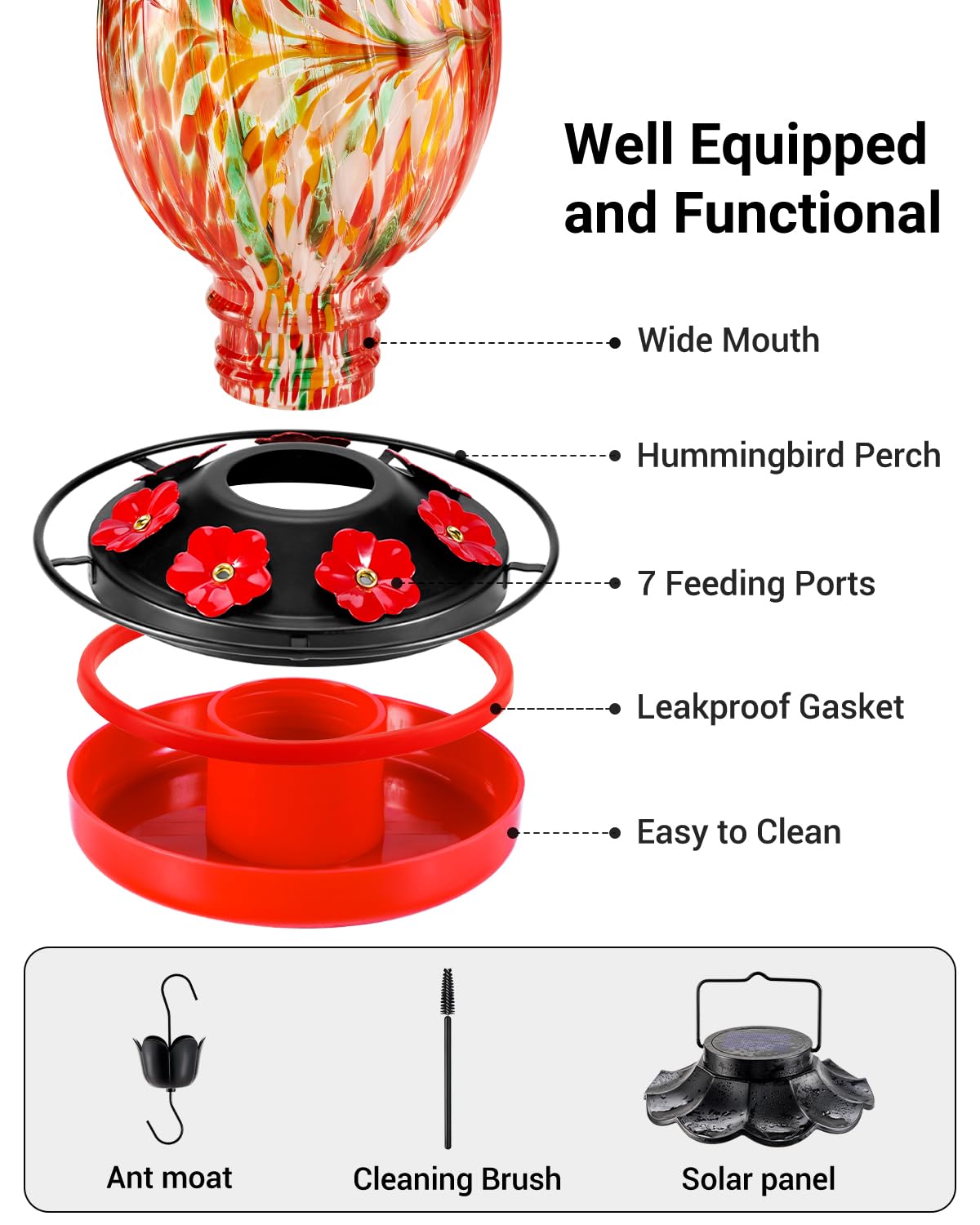 HouseSapp Solar Hummingbird Feeder - 49 fl.oz Hand Blown Glass Color Changing - 7 Feeding Ports with Perch - Never Leak - Perfect Hummingbird Feeder