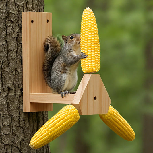 LemonRoad Squirrel Feeder for Outside, Squirrel Spinner Corn Cob Holder with 3 Ears, Wooden Chipmunk Feeder