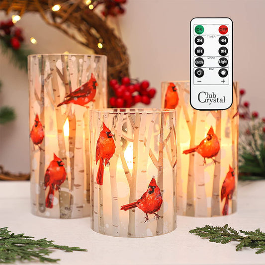 Crystal Club Flameless Candles, Cardinal Theme, (Set of 3) Battery Operated LED Candles with Remote, Real Wax & Glass Effect Candle with Timer for Christmas Home Festival Décor