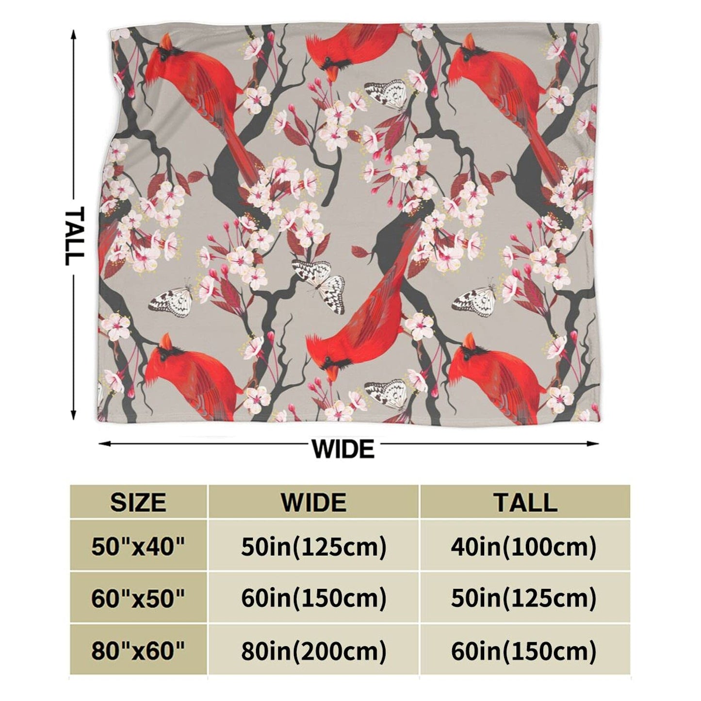 LodiSFOA Lightweight Microfiber Plush Throw Blanket Christmas Cardinal Decor for Couch Bed Sofa Travel All Seasons(Cardinals Birds Cherry Flowers, 40"×50")