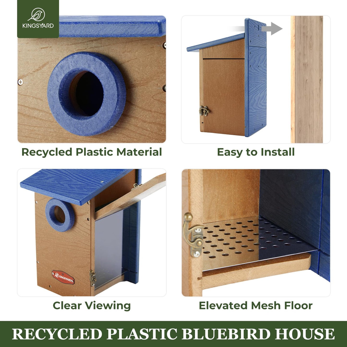Kingsyard Recycled Plastic Bird House for Outdoor - Durable Nesting Box with Clear View Panel & Predator Guard for Bluebird Wren Swallow Finch, Blue & Brown