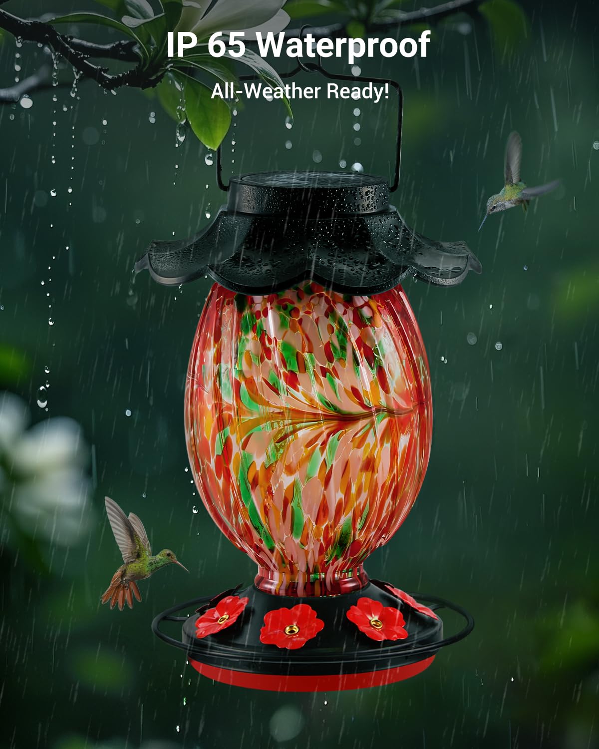 HouseSapp Solar Hummingbird Feeder - 49 fl.oz Hand Blown Glass Color Changing - 7 Feeding Ports with Perch - Never Leak - Perfect Hummingbird Feeder
