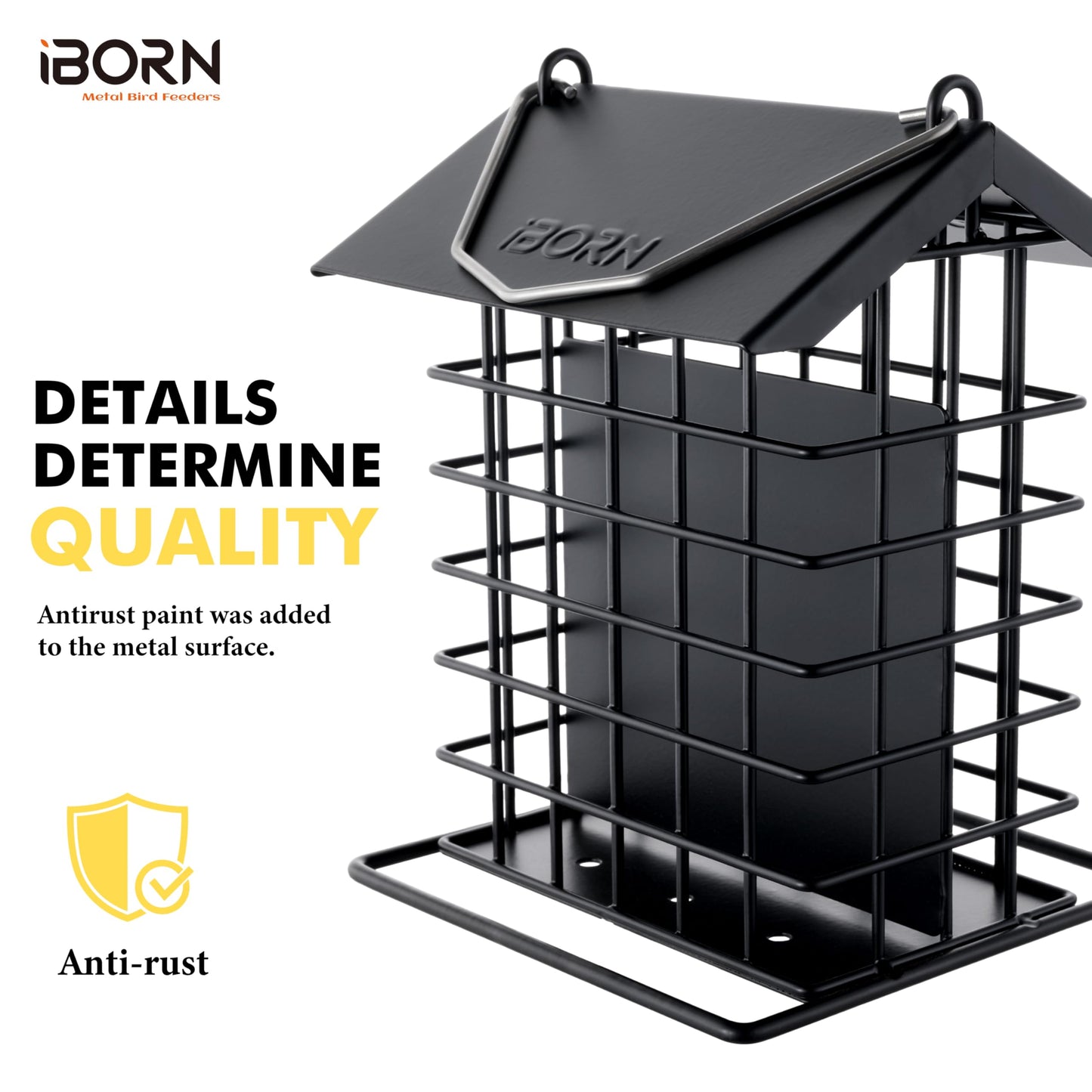 iBorn Suet Feeder for Outside Hanging,Suet Bird Feeders for Outdoors,Suet Holder With Squirrel Proof Hanger Hook,Suet Cage Bird Feeders,Woodpecker Feeder,Weatherproof Metal Roof,All Metal,1 Pack,Black