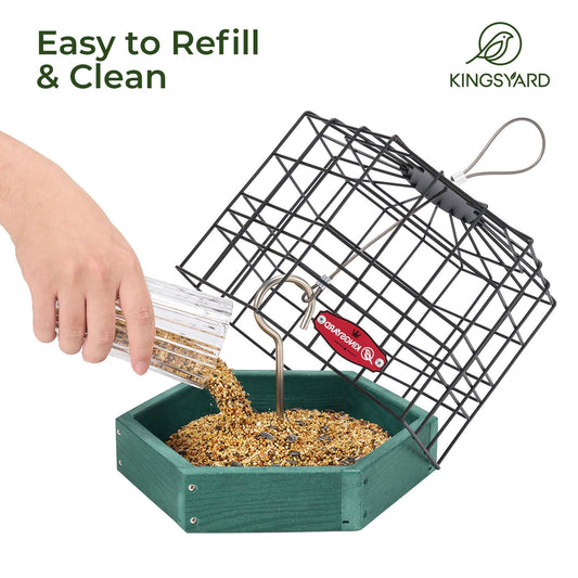 Kingsyard Squirrel Proof Platform Bird Feeders for Outdoor Hanging, 10" Wide Metal Caged Bird Feeder for Small Wildbirds Finches, Recycled Plastic Feeding Platform with Metal Seed Tray, Green